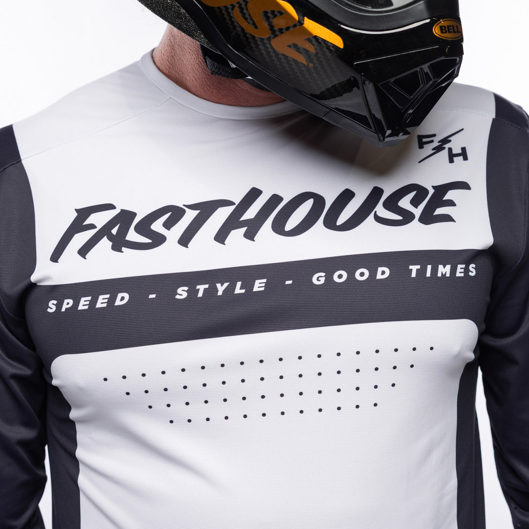 Fasthouse Helix Monaco Jersey Black/White - Close-Up of Front Graphics
