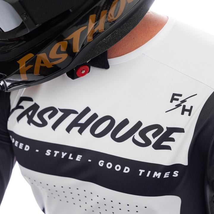 Fasthouse Helix Monaco Jersey Black/White - Close-Up Angled View of Front Graphics