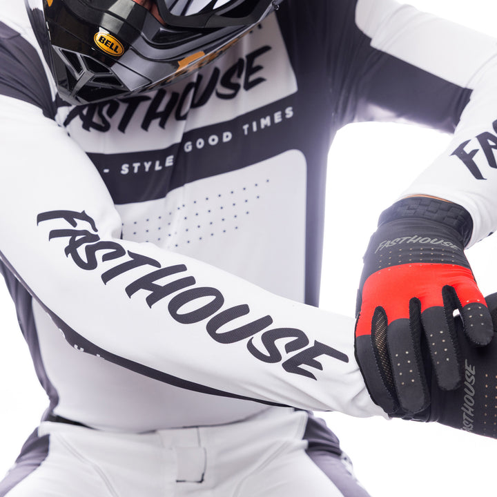 Fasthouse Helix Monaco Jersey Black/White - Close-Up of Model Showing Sleeve Logo Graphic