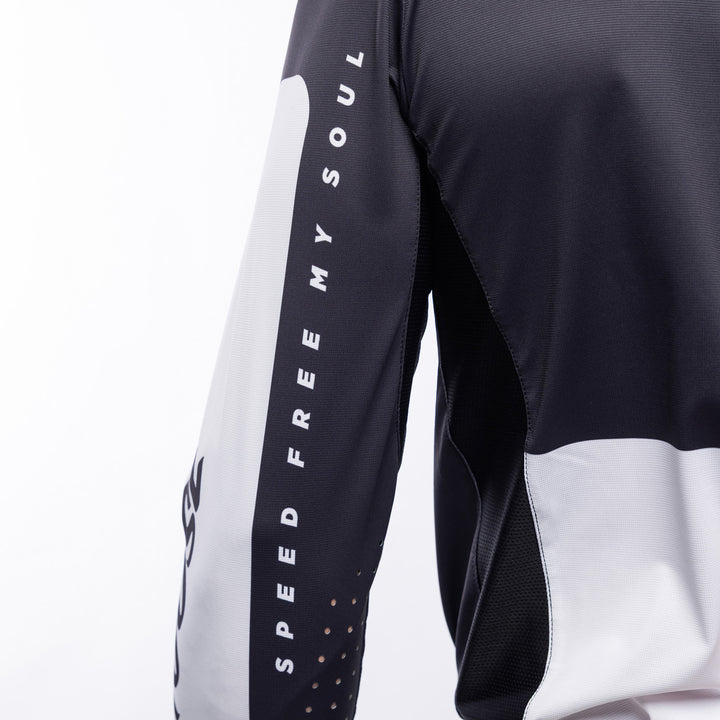Fasthouse Helix Monaco Jersey Black/White - Close-Up of Sleeve "Speed Free My Soul" Graphic