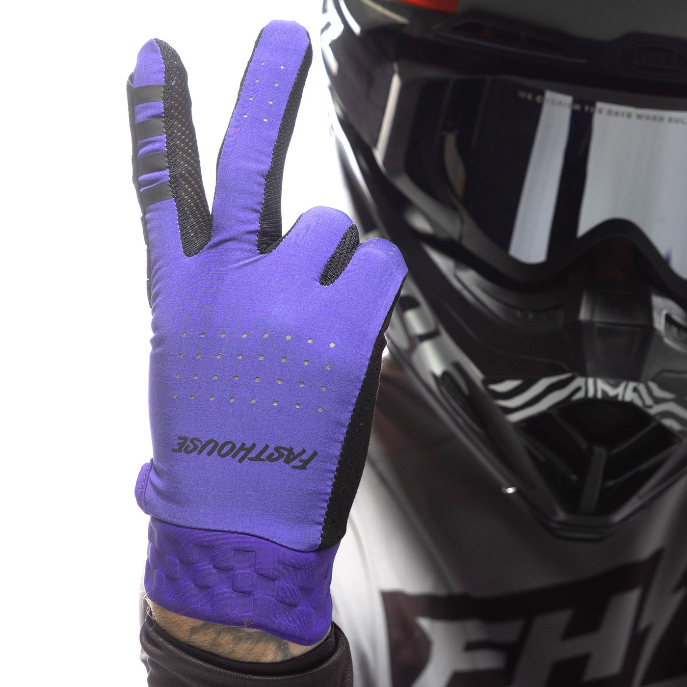 Fasthouse Helix Podium Gloves Purple - Close-Up of Model Holding Up Gloved Hand in Peace Sign