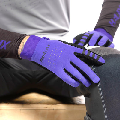 Fasthouse Helix Podium Gloves Purple - Close-Up of Gloved Hand Resting on Knee