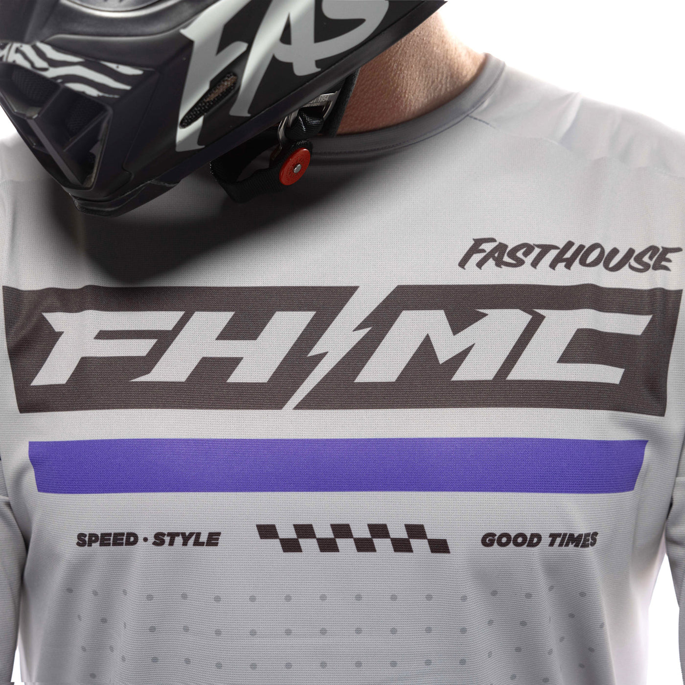 Fasthouse Helix Podium Jersey Gray/Black/Purple - Close-Up of Chest Graphic