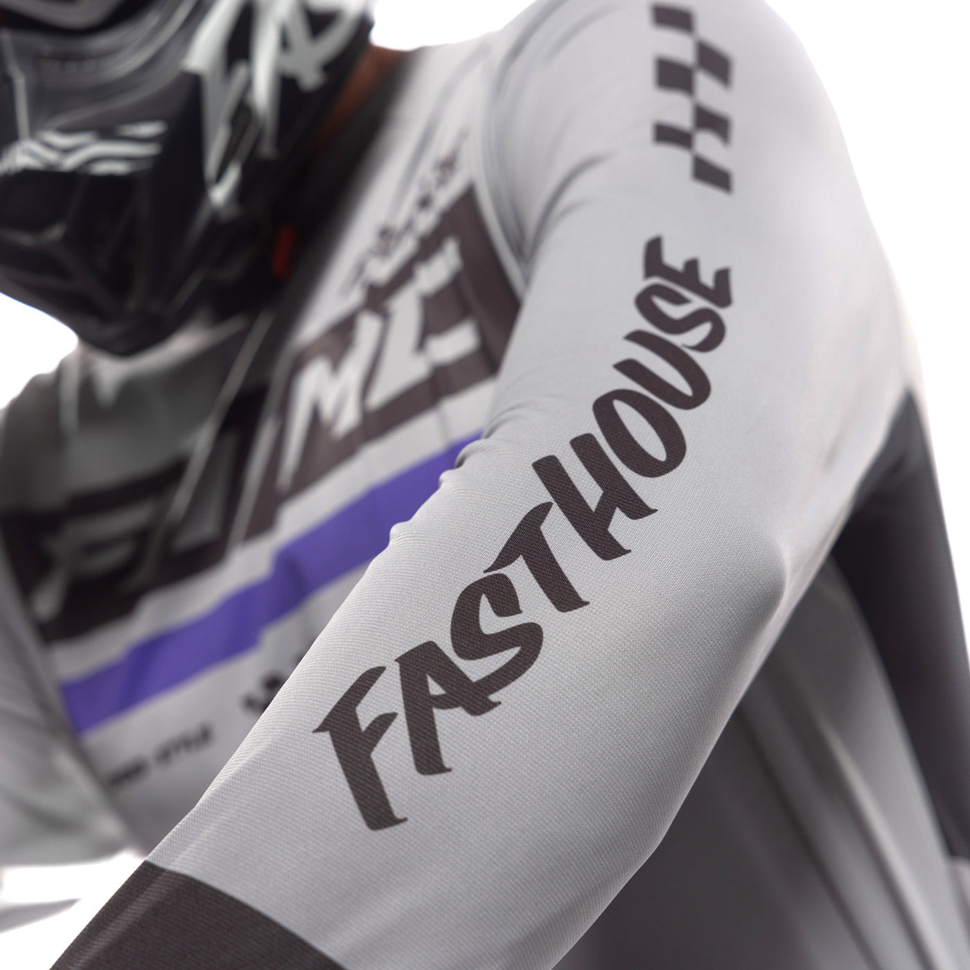 Fasthouse Helix Podium Jersey Gray/Black/Purple - Close-Up of Left Sleeve Graphics