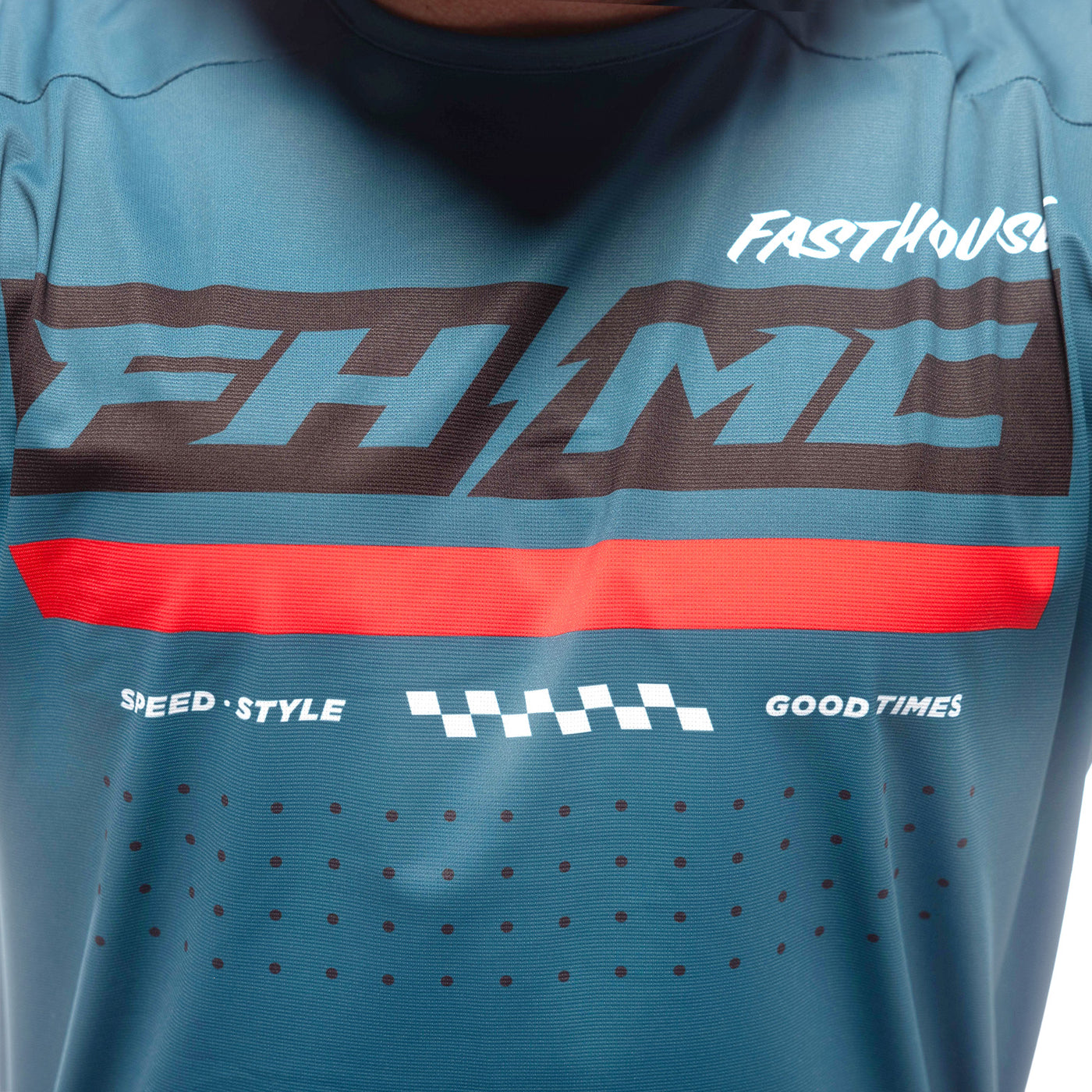 Fasthouse Helix Podium Jersey Red/Black/Teal - Close-Up of Chest Graphics