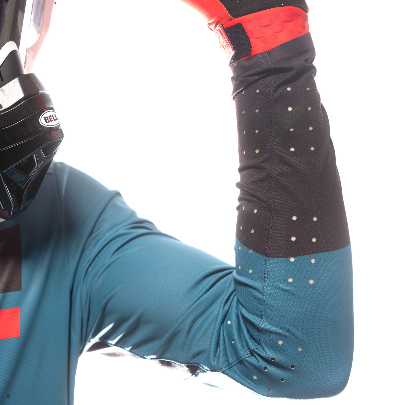 Fasthouse Helix Podium Jersey Red/Black/Teal - Close-Up of Inner Forearm Ventilation and Details