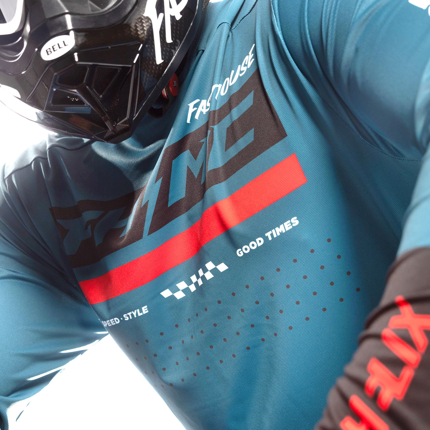 Fasthouse Helix Podium Jersey Red/Black/Teal - Angled Front View of Chest Graphics