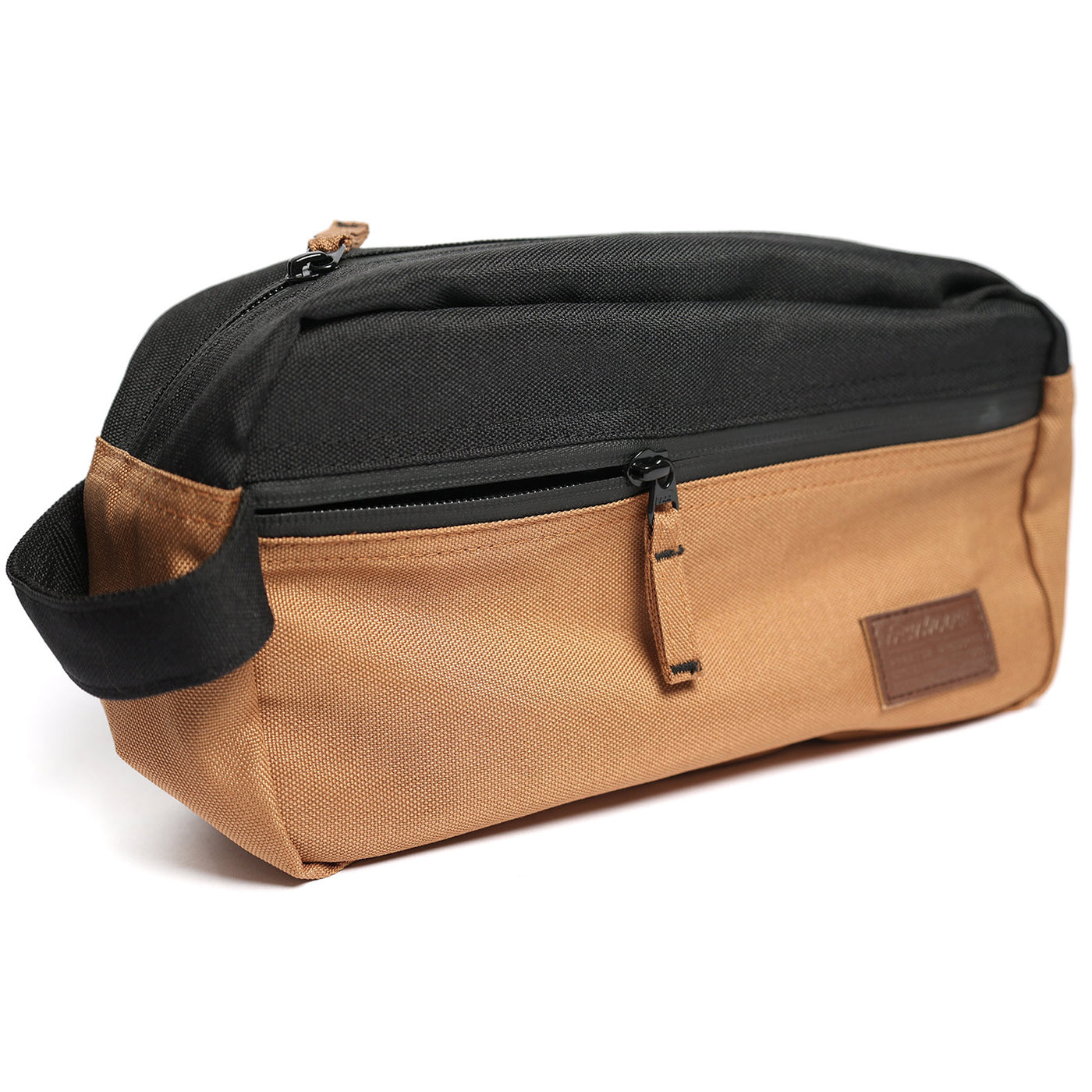 Fasthouse Hanger Toiletry Bag - Side Front View with Front Pocket Partially Unzipped