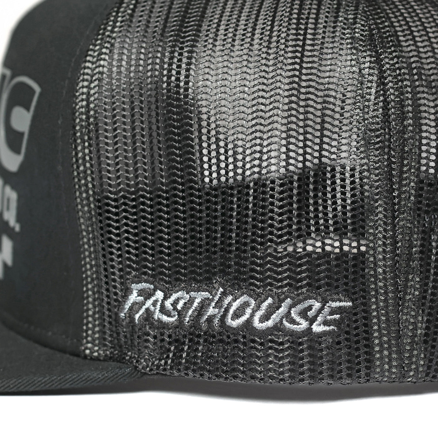 Fasthouse Idle Hat Black - Close-Up of Sewn-In Logo on Side