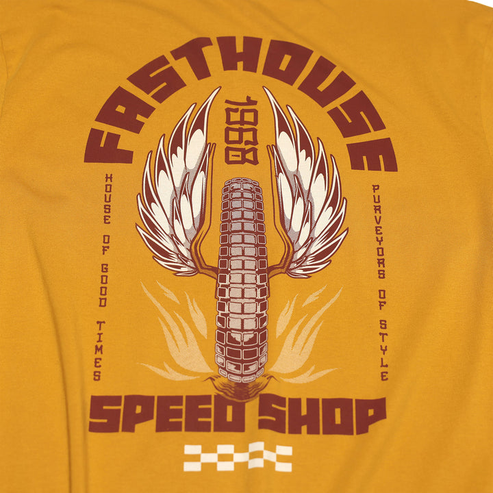 Fasthouse Iron Steed Tee Vintage Gold - Close-Up of Graphic on Back