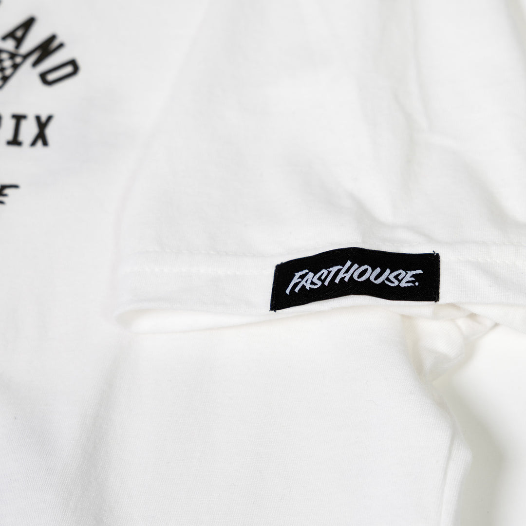 Fasthouse Mulholland GP SS Tee White - Close-Up of Logo Tag on Sleeve