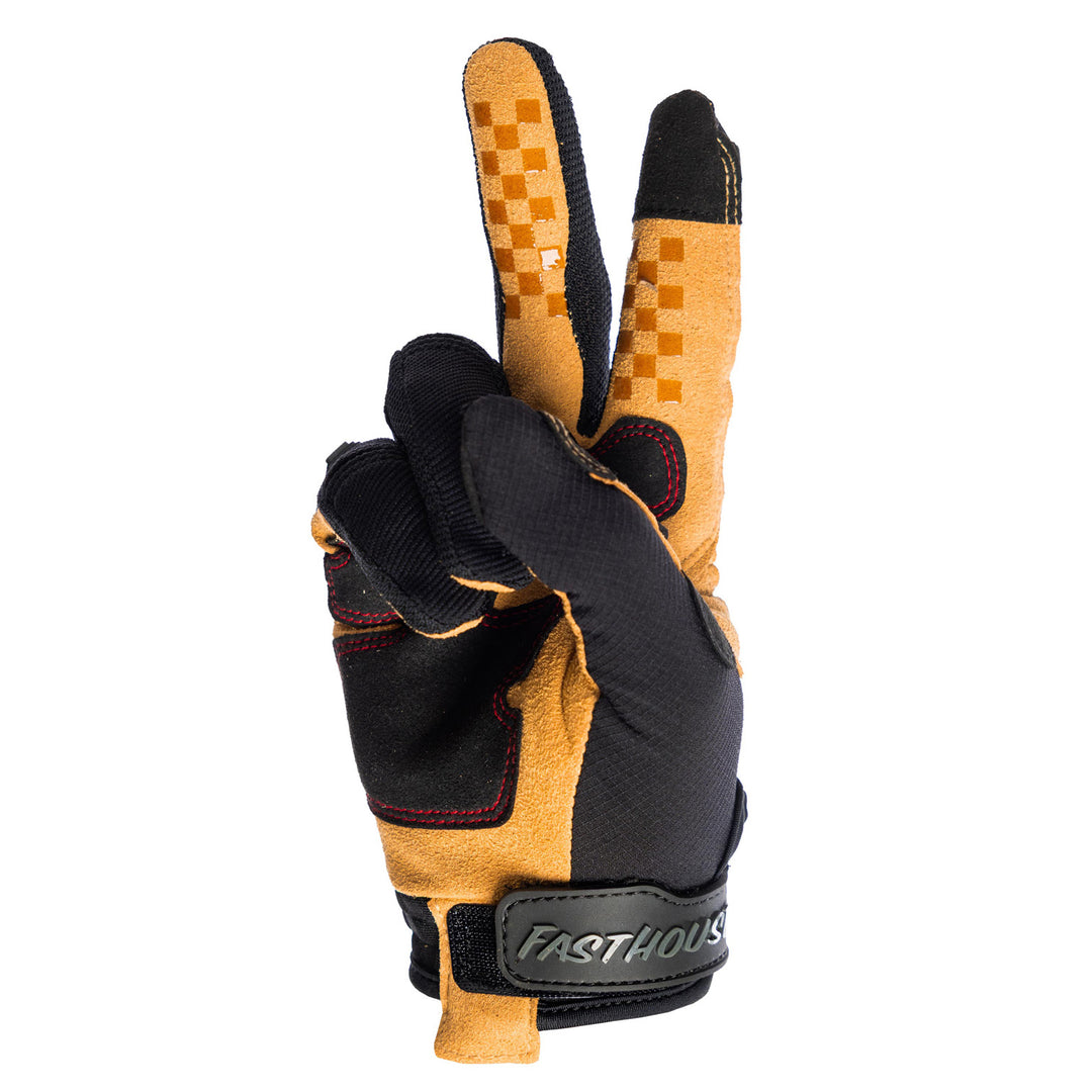 Fasthouse Off-Road Matox Gloves Black/Gray - Palm View of Glove Set Up as Peace Sign