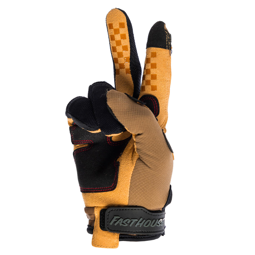 Fasthouse Off-Road Matox Gloves Teak/Black - Palm View of Glove Set Up as Peace Sign