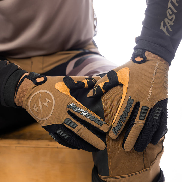 Fasthouse Off-Road Matox Gloves Teak/Black - Close-Up of Model's Gloved Hands Resting on Knee
