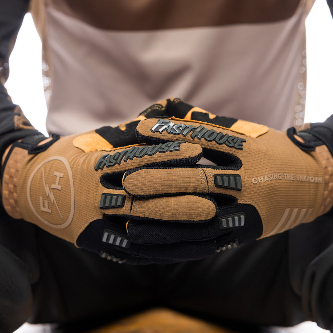 Fasthouse Off-Road Matox Gloves Teak/Black - Close-Up of Model's Gloved Hands Together, Fingers Entwined