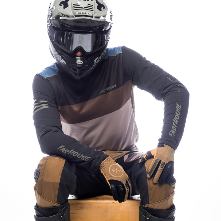 Fasthouse Off-Road Matox Jersey Moss/Black - Front View of Model Sitting While Wearing Jersey