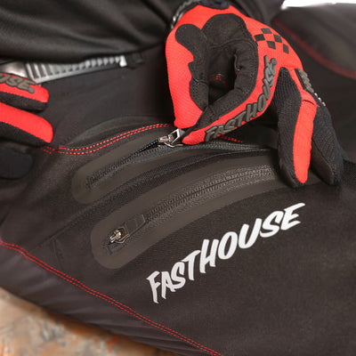 Fasthouse Off-Road Outland Pant Black - Close-Up of Graphic, Zippered Pocket and Vent on Right Thigh