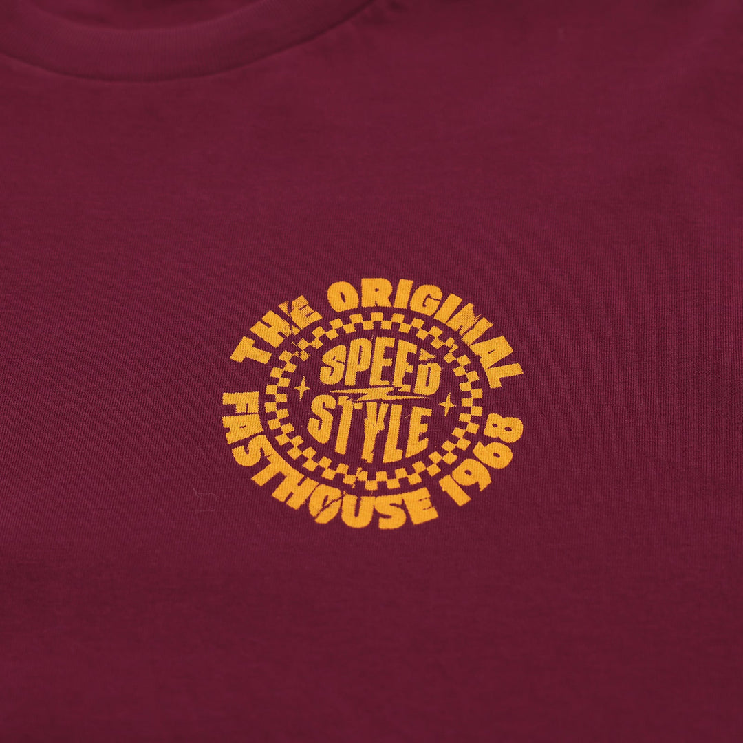 Fasthouse Origin Tee Maroon - Close-Up of Graphic on Front