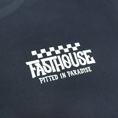 Fasthouse Pitted SS Tee Navy - Close-Up of Graphic on Front