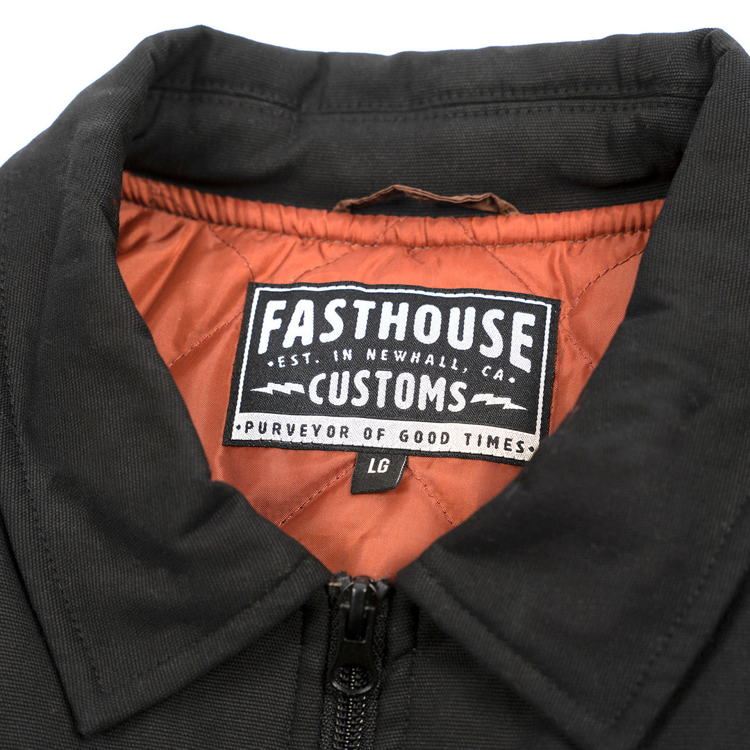 Fasthouse Prospector Puffer Vest Black/Brown - Close-Up of Collar Label