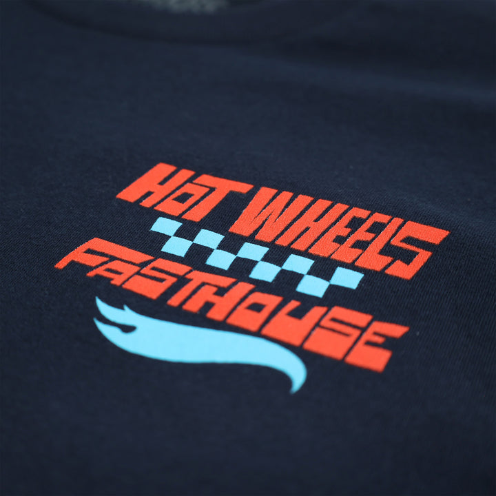 Fasthouse Resort Hot Wheels Stunt Show Tee Midnight Navy - Close-up of Graphic on Front