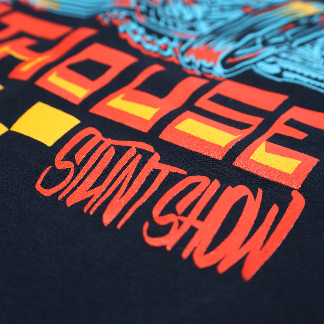 Fasthouse Resort Hot Wheels Stunt Show Tee Midnight Navy - Close-up of "Stunt Show" Lettering in Back Graphic