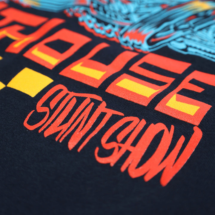 Fasthouse Resort Hot Wheels Stunt Show Tee Midnight Navy - Close-up of "Stunt Show" Lettering in Back Graphic