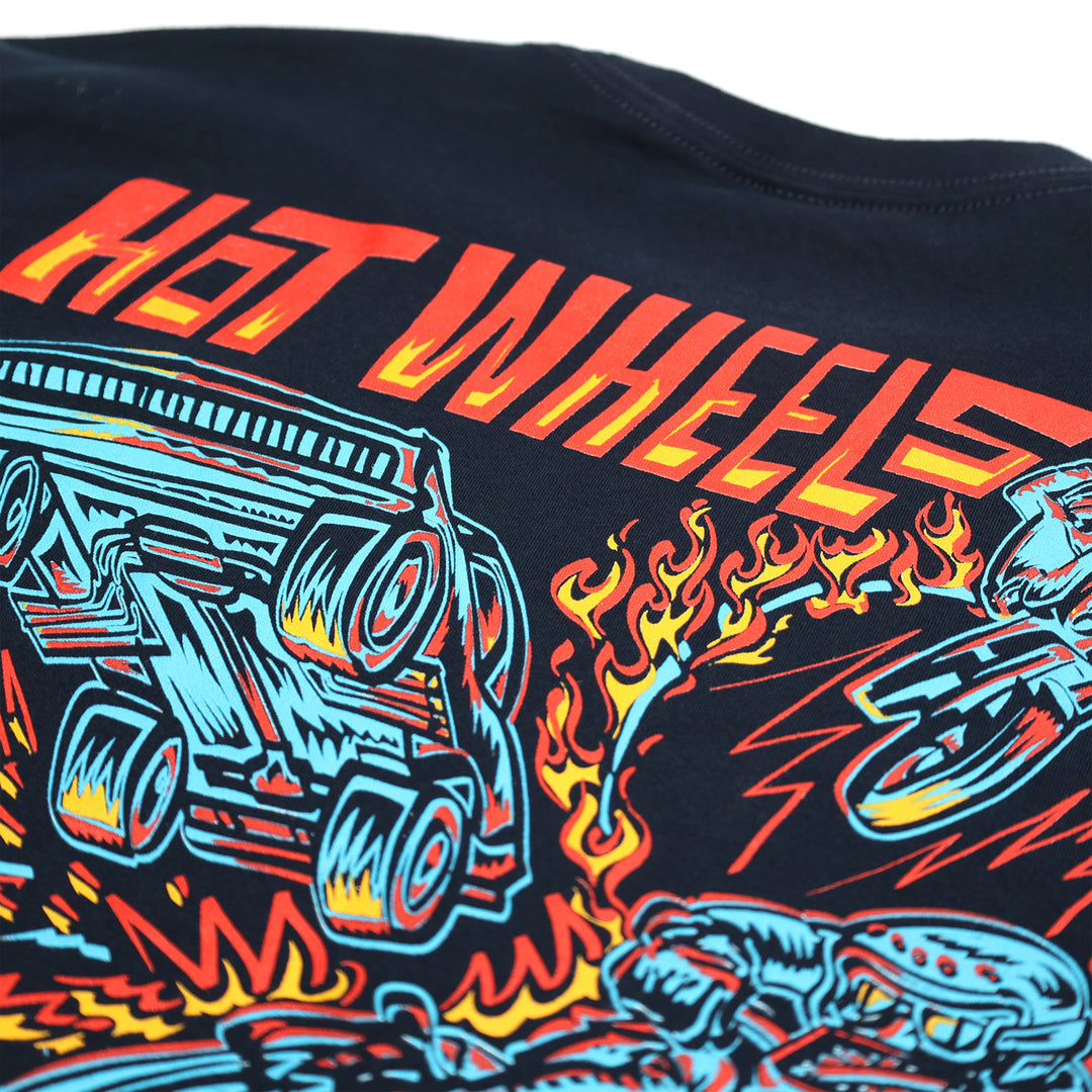 Fasthouse Resort Hot Wheels Stunt Show Tee Midnight Navy - Close-up of "Hot Wheels" Lettering in Back Graphic