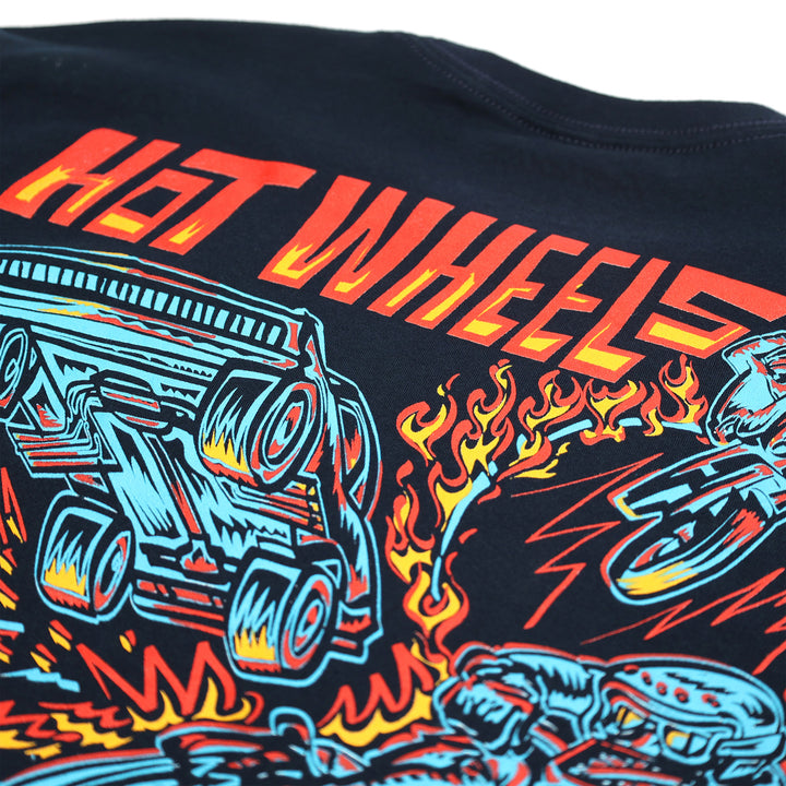 Fasthouse Resort Hot Wheels Stunt Show Tee Midnight Navy - Close-up of "Hot Wheels" Lettering in Back Graphic
