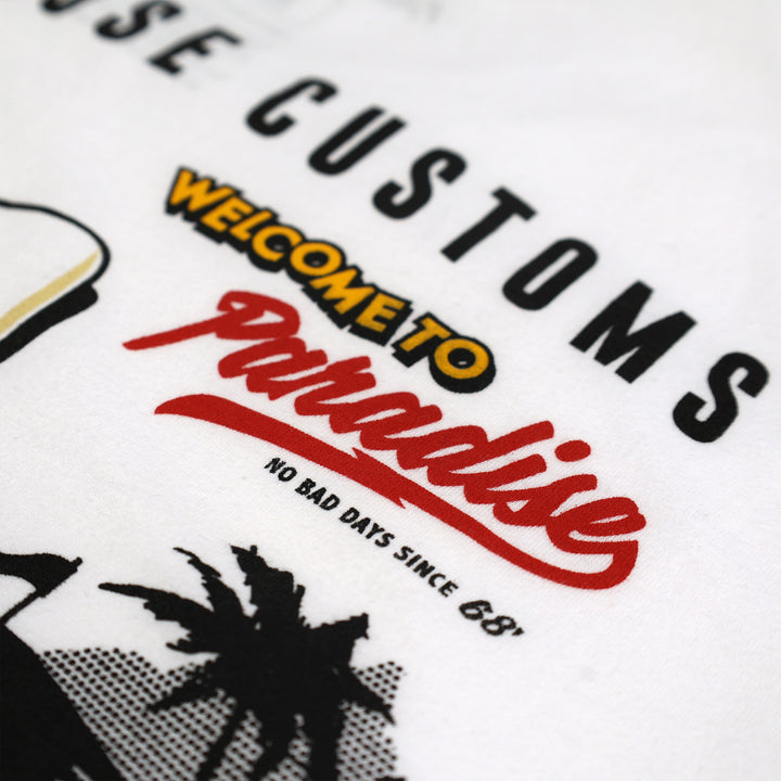 Fasthouse Resort Paradise Tee White - Close-Up of Lettering Details in Back Graphic