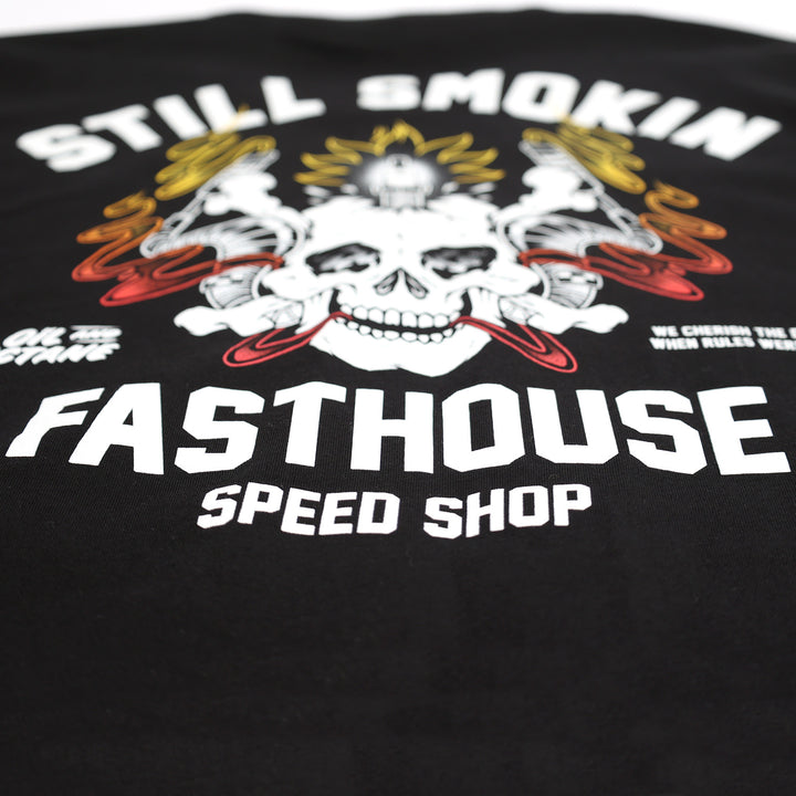 Fasthouse Resort Smoke & Octane Tee Black - Close-Up of Lettering in Back Graphic
