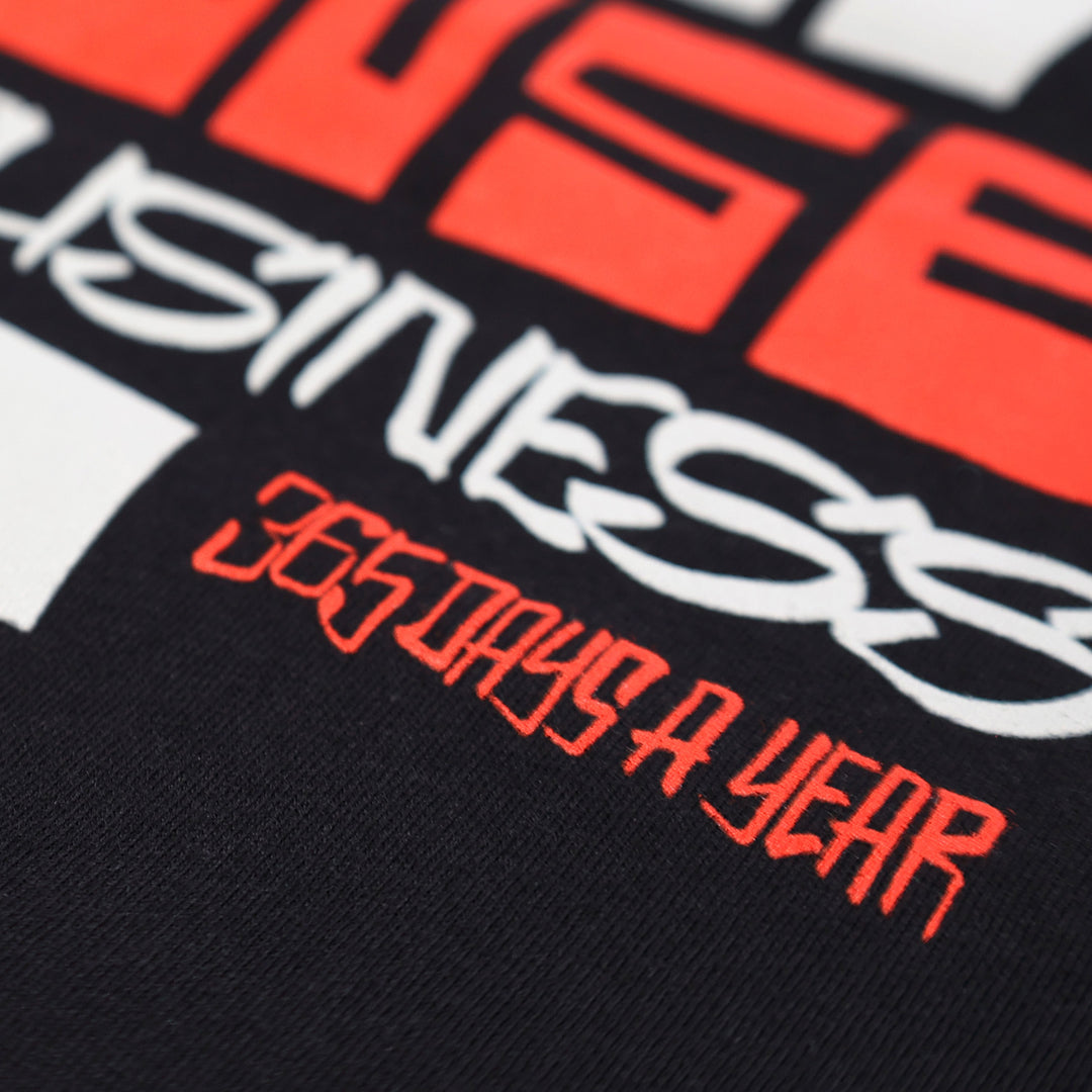 Fasthouse Resort Stunt Show Tee Black - Close-Up of "365 Days a Year" Lettering on Back Graphic