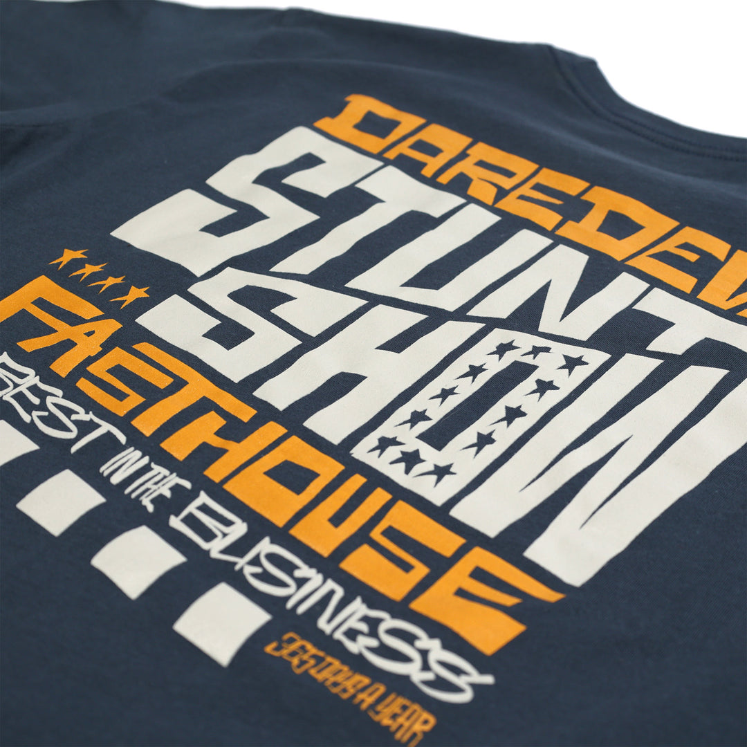 Fasthouse Resort Stunt Show Tee Indigo - Close-Up of Graphic on Back
