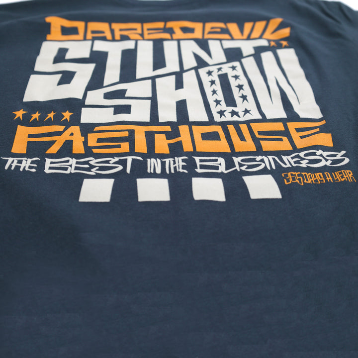 Fasthouse Resort Stunt Show Tee Indigo - Angled View of Back Graphic