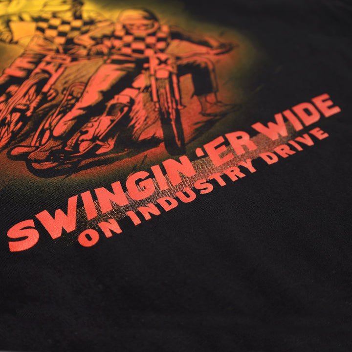 Fasthouse Resort Tracker Tee Black - Close-up of "Swingin 'er Wide on Industry Drive" Lettering in Back Graphic