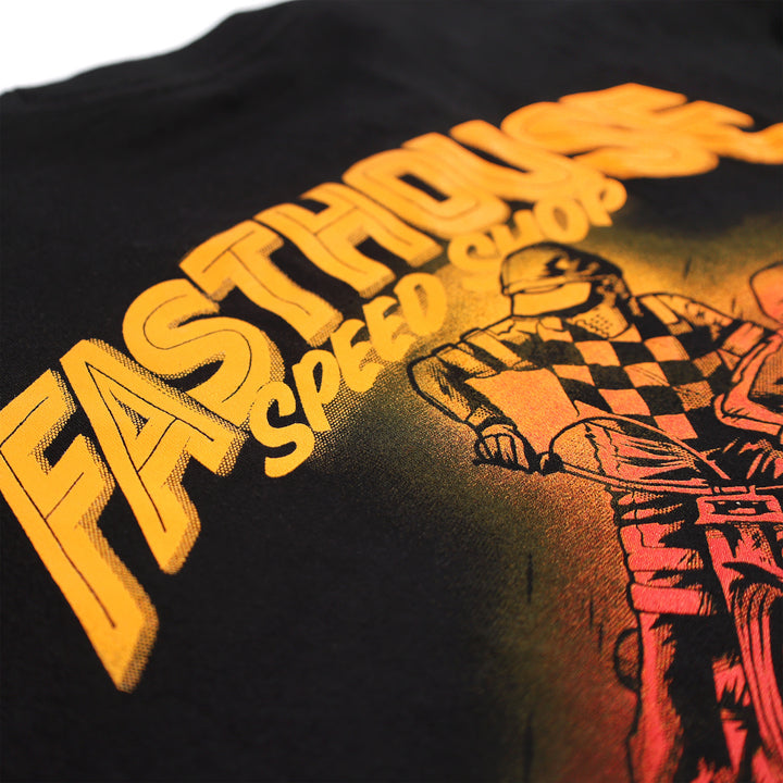 Fasthouse Resort Tracker Tee Black - Close-Up of "Fasthouse" Lettering in Back Graphic