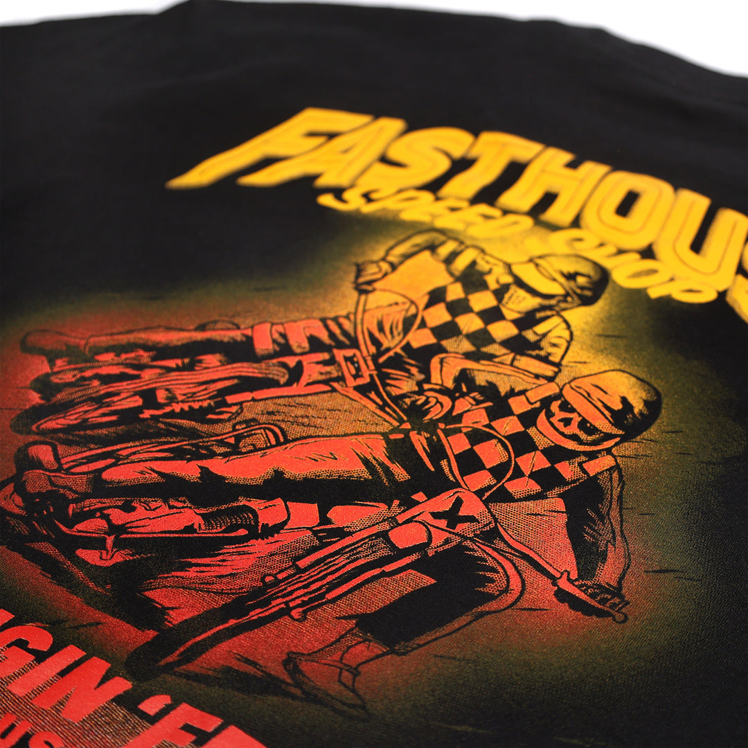 Fasthouse Resort Tracker Tee Black - Close-Up of Motorcycle Racers in Back Graphic