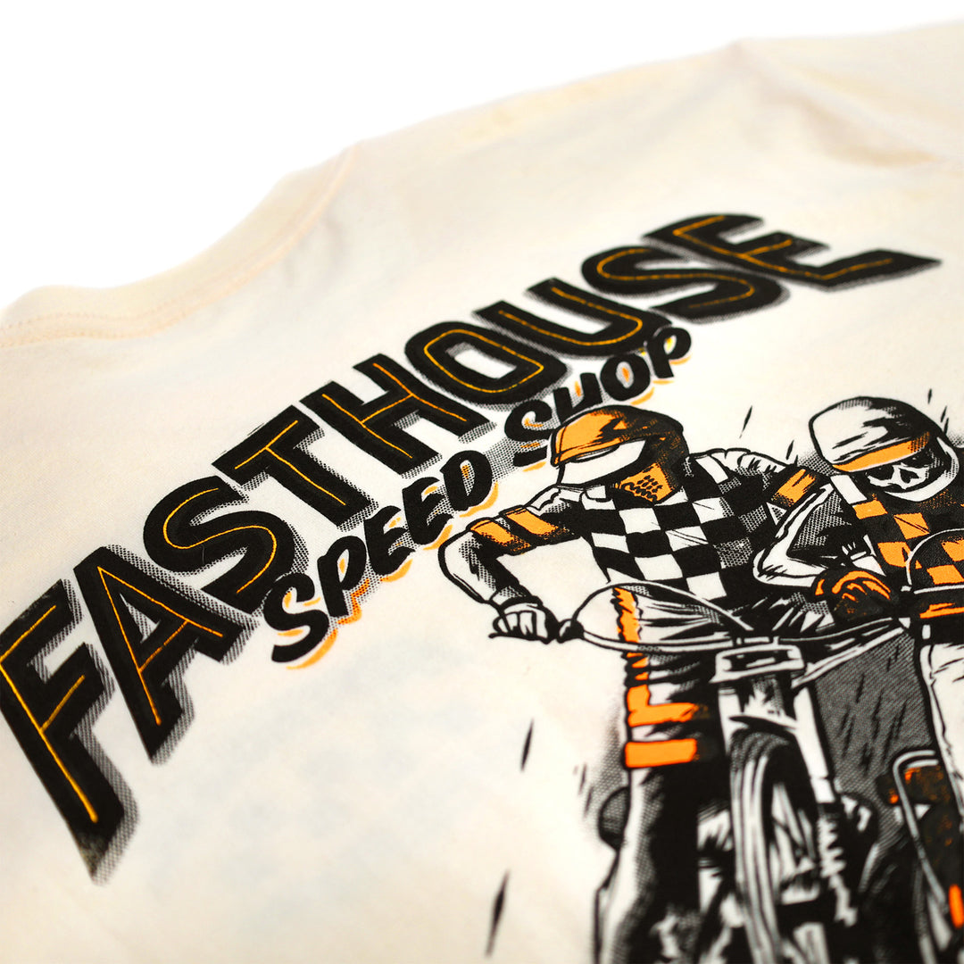 Fasthouse Resort Tracker Tee Natural - Close-Up of "Fasthouse" Lettering in Back Graphic