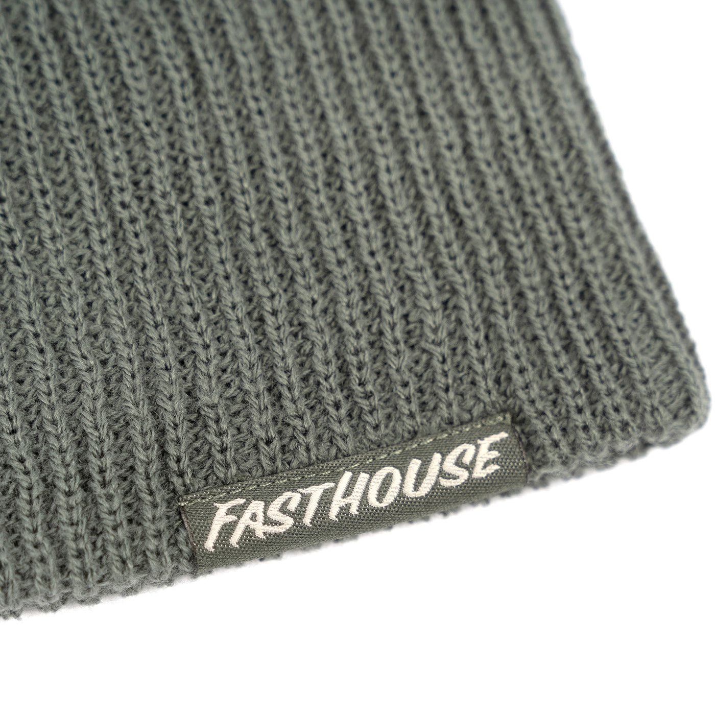 Fasthouse Righteous Beanie Thyme - Close-Up of Tag Sewn into Front