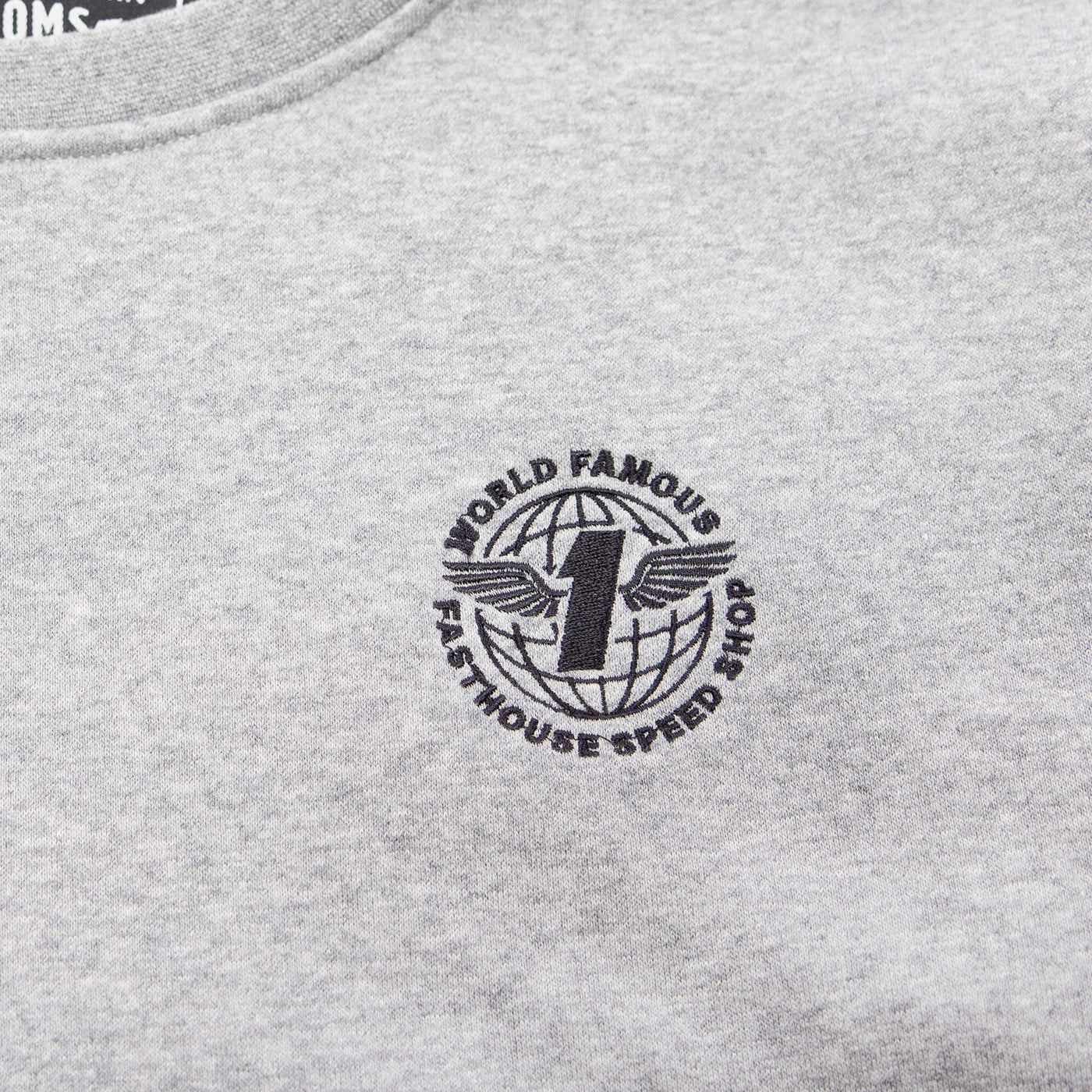 Fasthouse Renown Crew Neck Pullover Heather Gray - Close-Up of Stitched Graphic on Front
