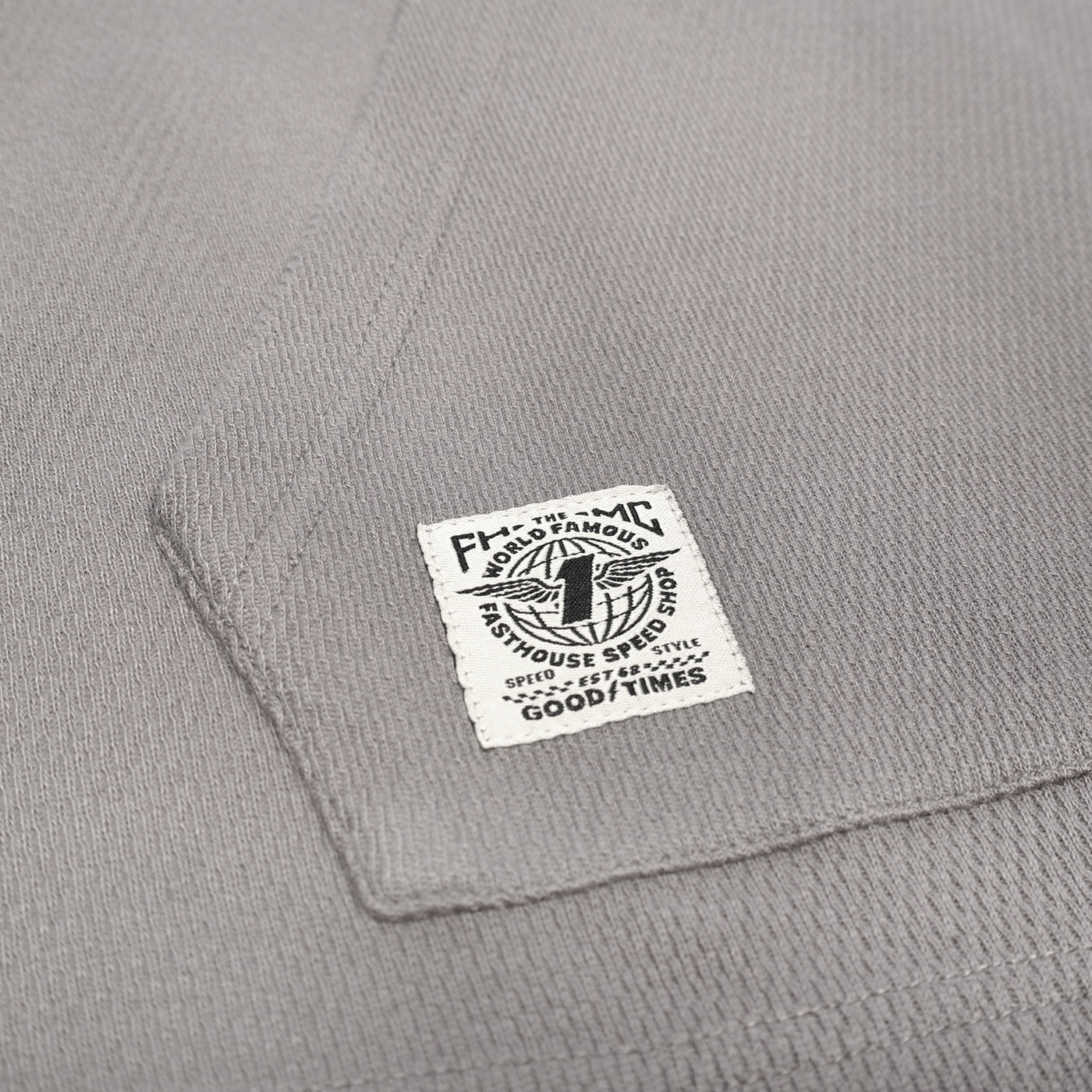 Fasthouse Robin Hooded Thermal Cloud Gray - Close-Up of Patch Label on Kangaroo Pocket