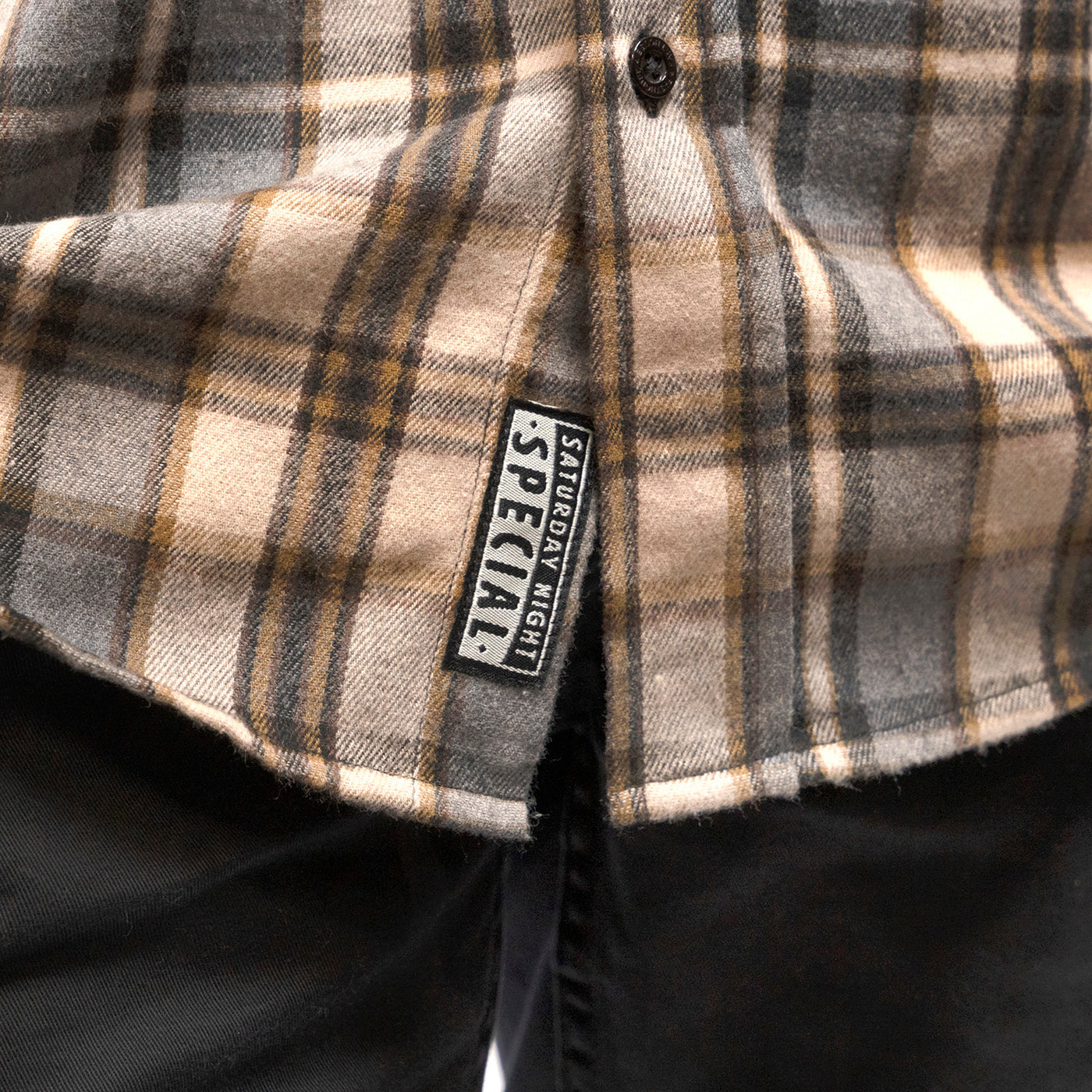 Fasthouse Saturday Night Special Flannel Beige - Close-up of Label Sewn into Hem