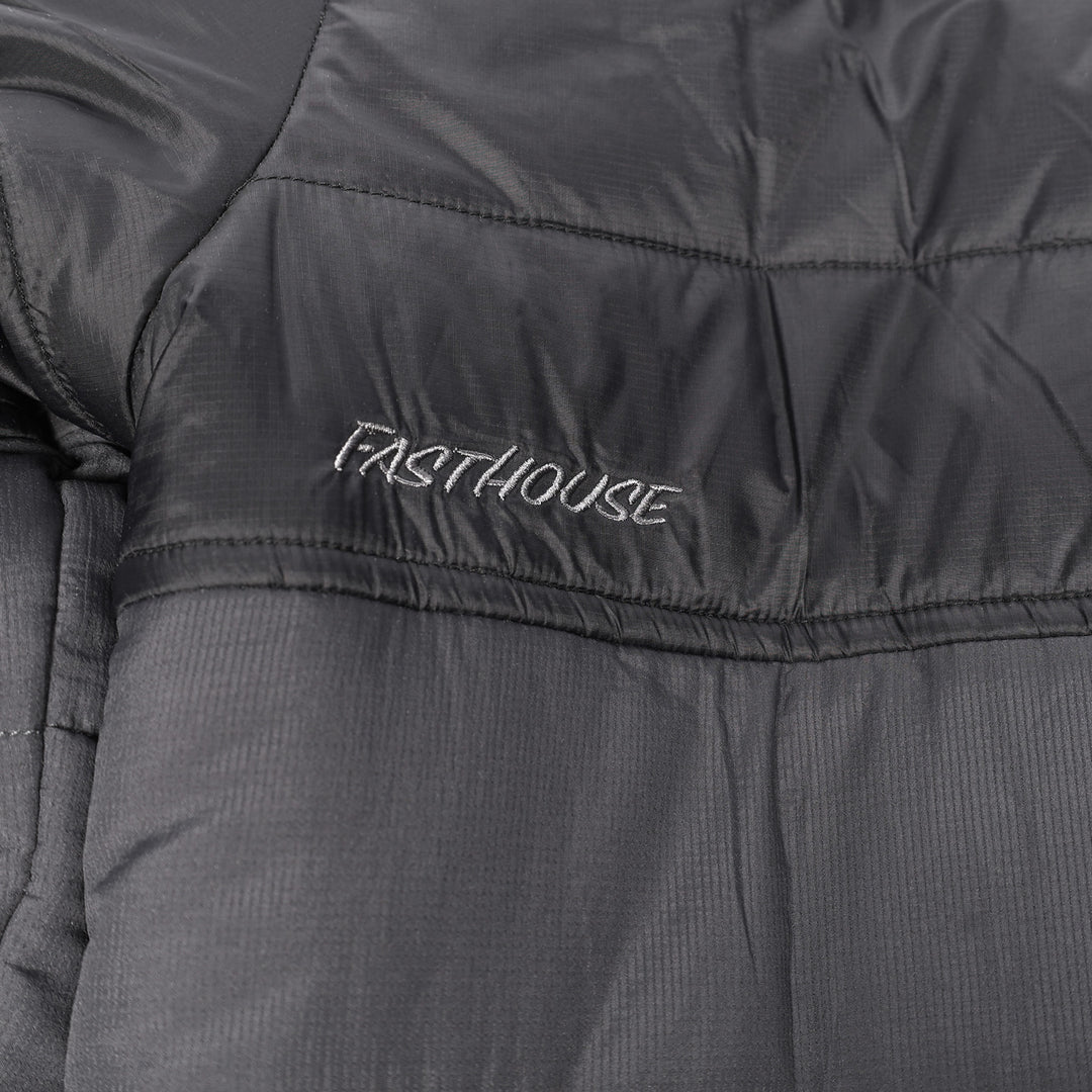Fasthouse Sequoia Jacket Black/Black - Close-Up of Stitched Logo on Rear Left Shoulder
