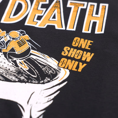 Fasthouse Sideshow Tee Black - Close-Up of "One Show Only" Lettering in Back Graphic