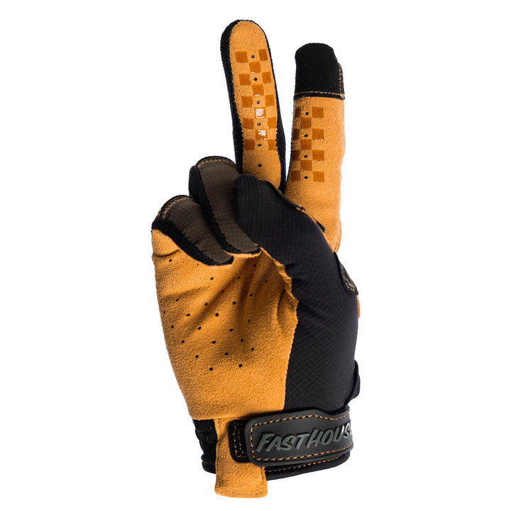 Fasthouse Sanguaro Bennet Gloves Black - Palm View of Gloves Set Up as Peace Sign