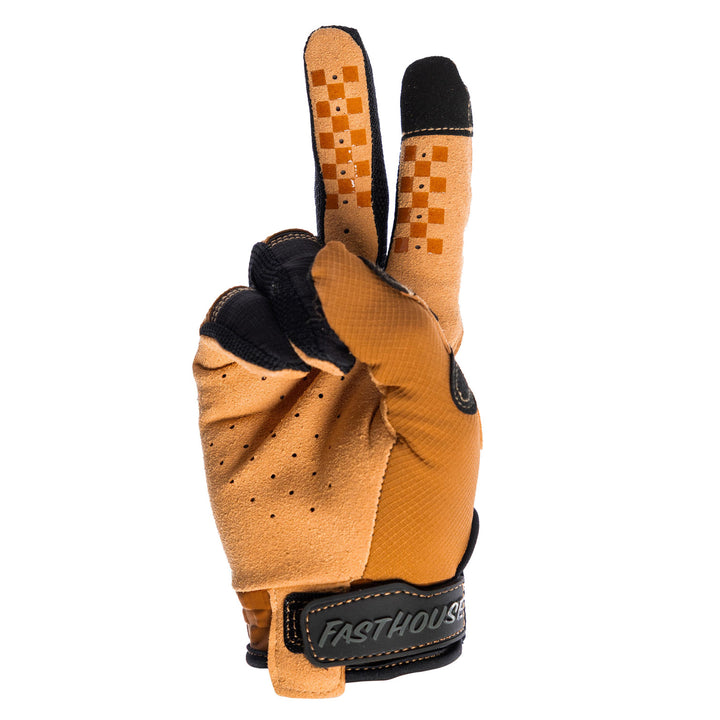 Fasthouse Sanguaro Bennet Gloves Camel - Palm View of Glove Set Up as Peace Sign