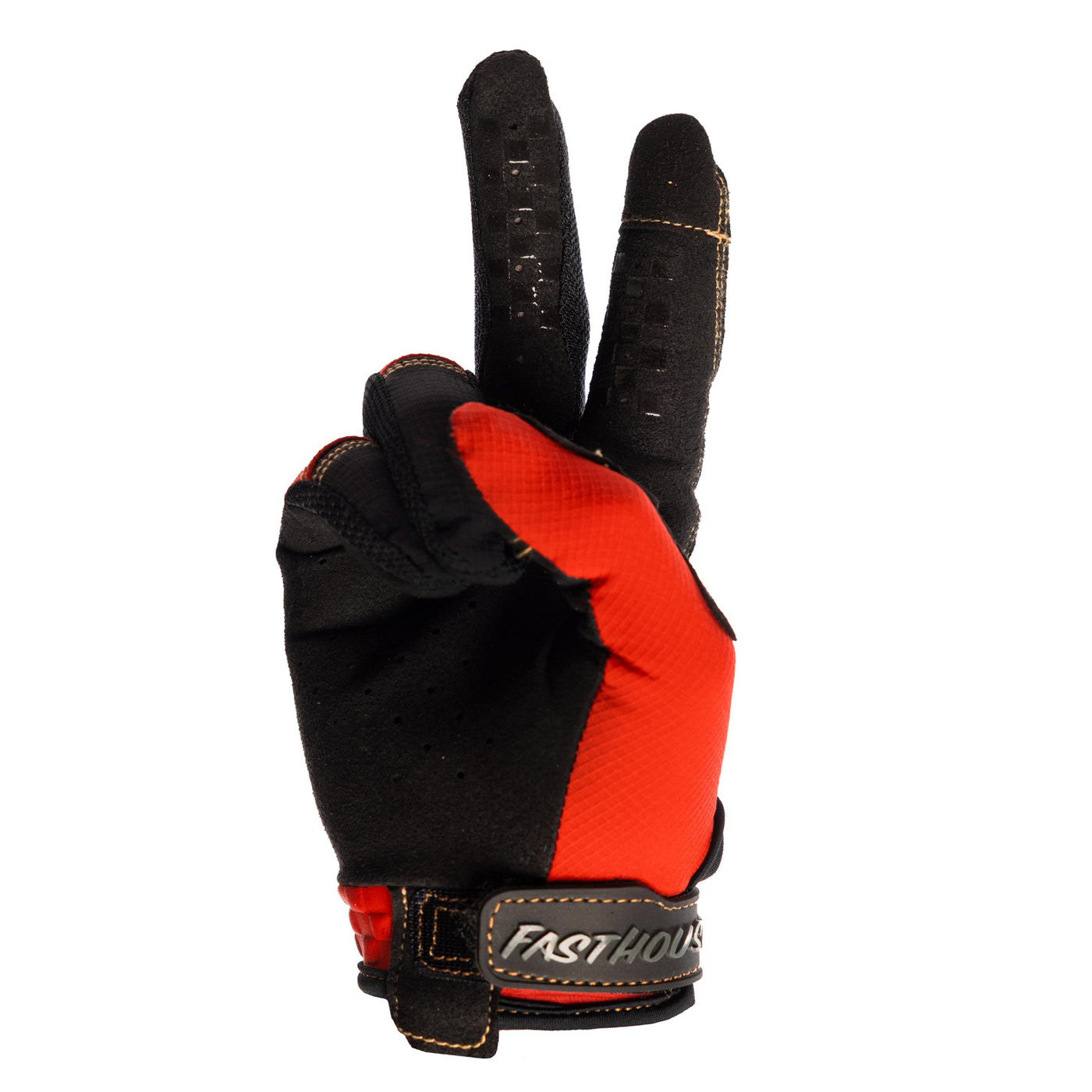 Fasthouse Sanguaro Bennet Gloves Lava Falls - Palm View of Glove Set Up as Peace Sign