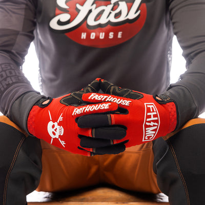 Fasthouse Sanguaro Bennet Gloves Lava Falls - Close-Up of Model's Gloved Hands Together, Fingers Entwined