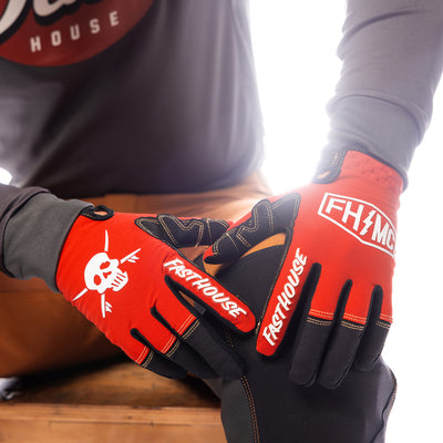 Fasthouse Sanguaro Bennet Gloves Lava Falls - Close-Up of Model's Gloved Hands Resting on Knee