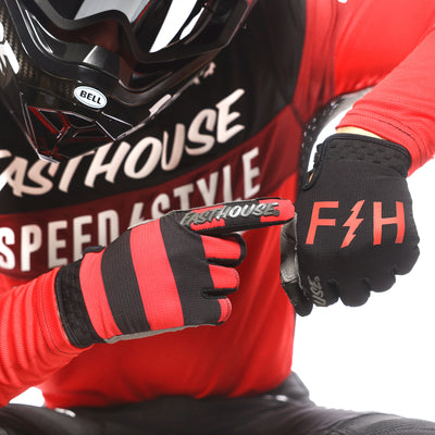 Fasthouse Speed Style Akin Gloves Black/Red - Close-Up of One Gloved Hand Pointing at Back of Other Gloved Hand